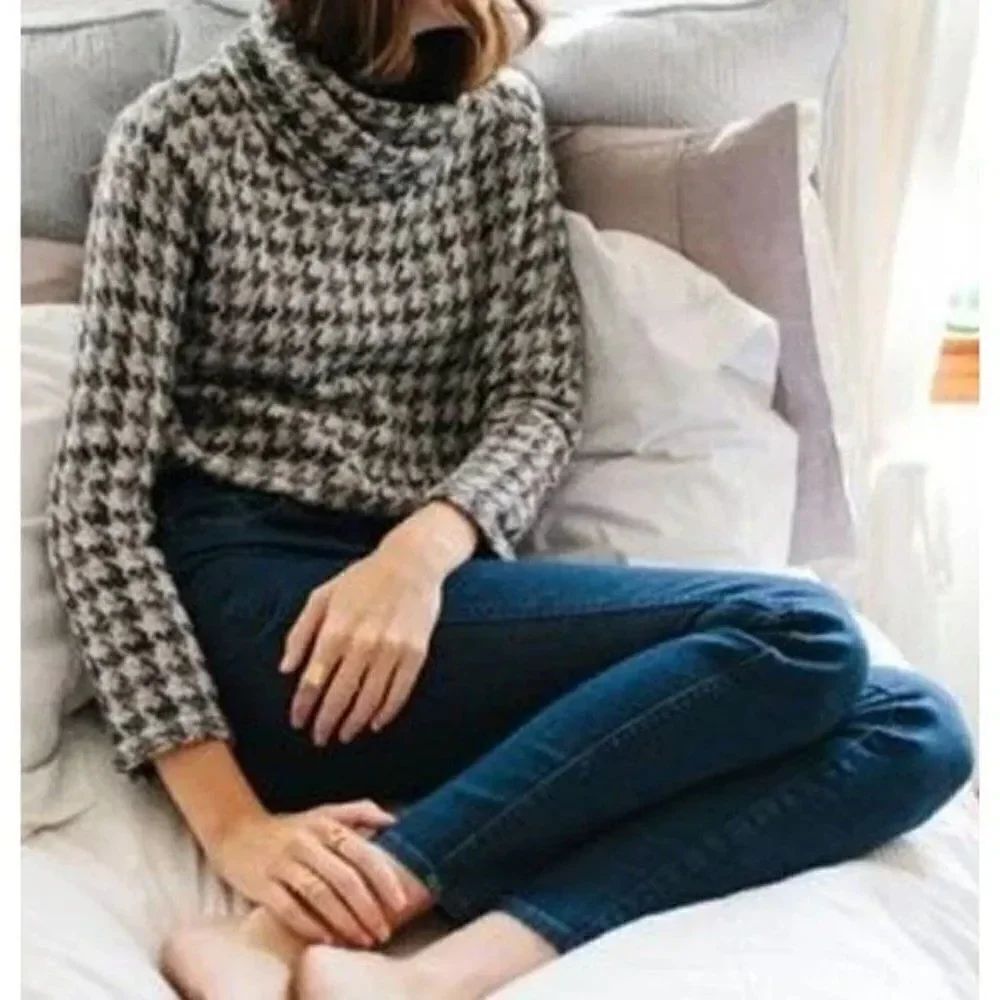 Madewell Houndstooth Plaid Turtle Neck Merino Wool Alpaca Sweater Size XS E5061